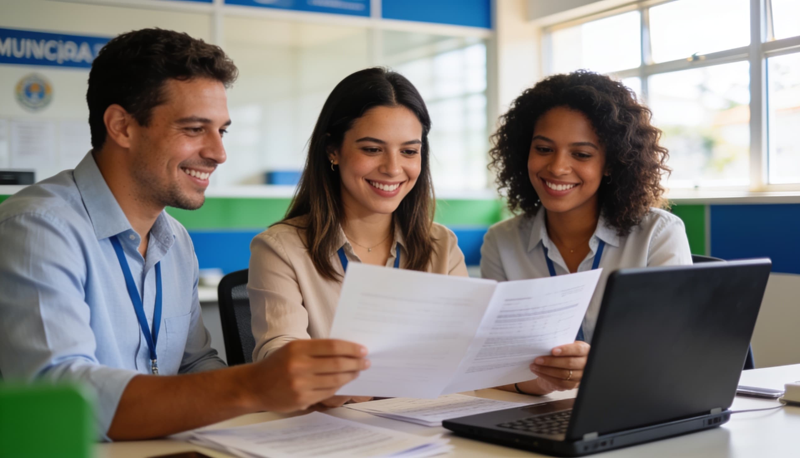 Equipe de compras públicas sorrindo enquanto analisa documentos